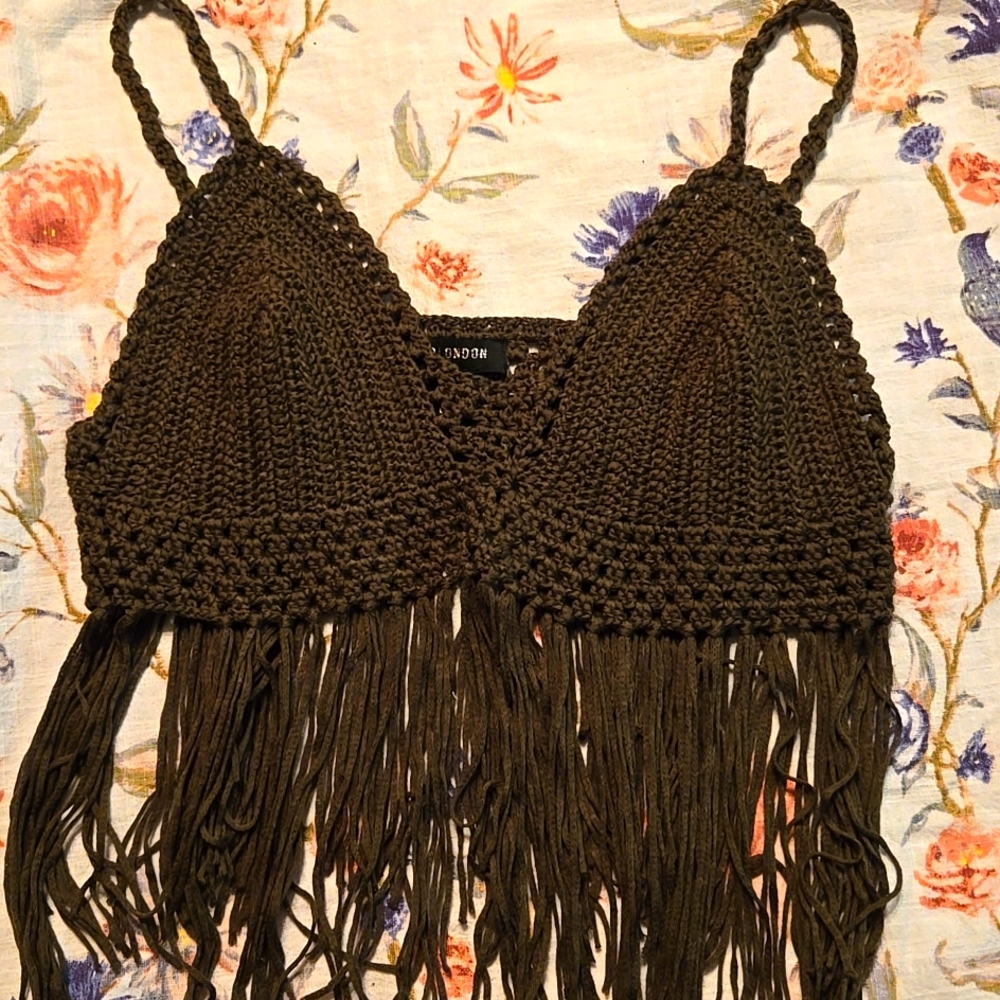 Olive Green crochet fringe top